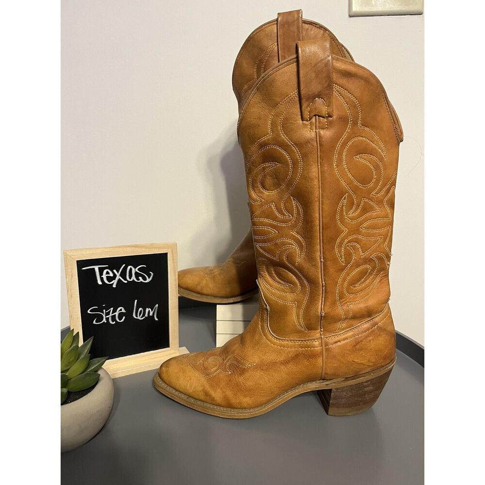 Ladies Vintage 70s Texas USA Brown Leather Round Toe Western Boots Size: 6M
